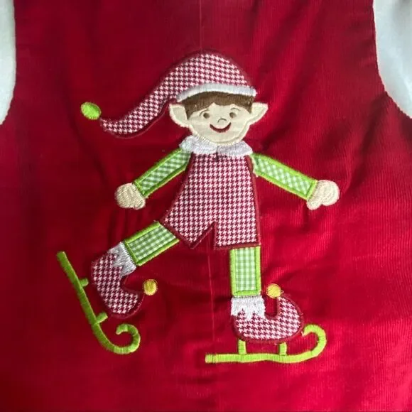 ZU Infant Kids' Ice Skating Elf On Christmas Corduroy Turtleneck Jumpsuit Red 6M - Picture 4 of 7